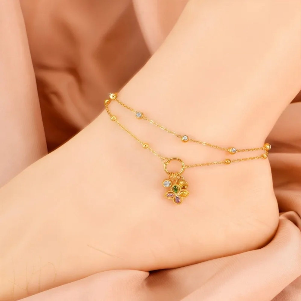 Gold Double Chain Anklet Dainty Crystals Butterfly Heart Charm Ankle Bracelet - Picture 11 of 14